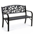 Czarna dwuosobowa ławka ogrodowa z odlewu aluminium 122 x 56 x 87 cm z kwiatowym oparciem
