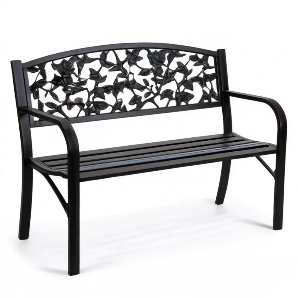 Czarna dwuosobowa ławka ogrodowa z odlewu aluminium 122 x 56 x 87 cm z kwiatowym oparciem