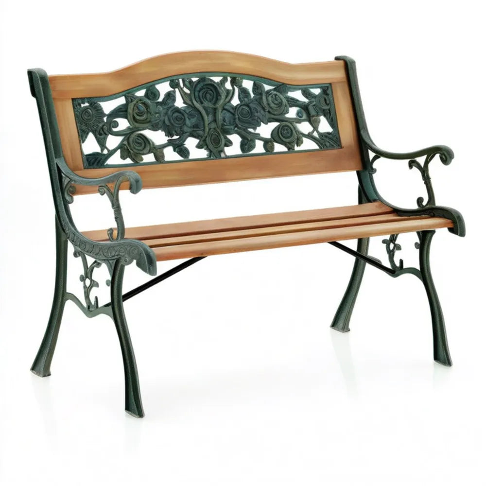 Dwuosobowa ławka ogrodowa z żeliwa i litego drewna brązowo-ciemnozielona 122 × 59 × 87 cm