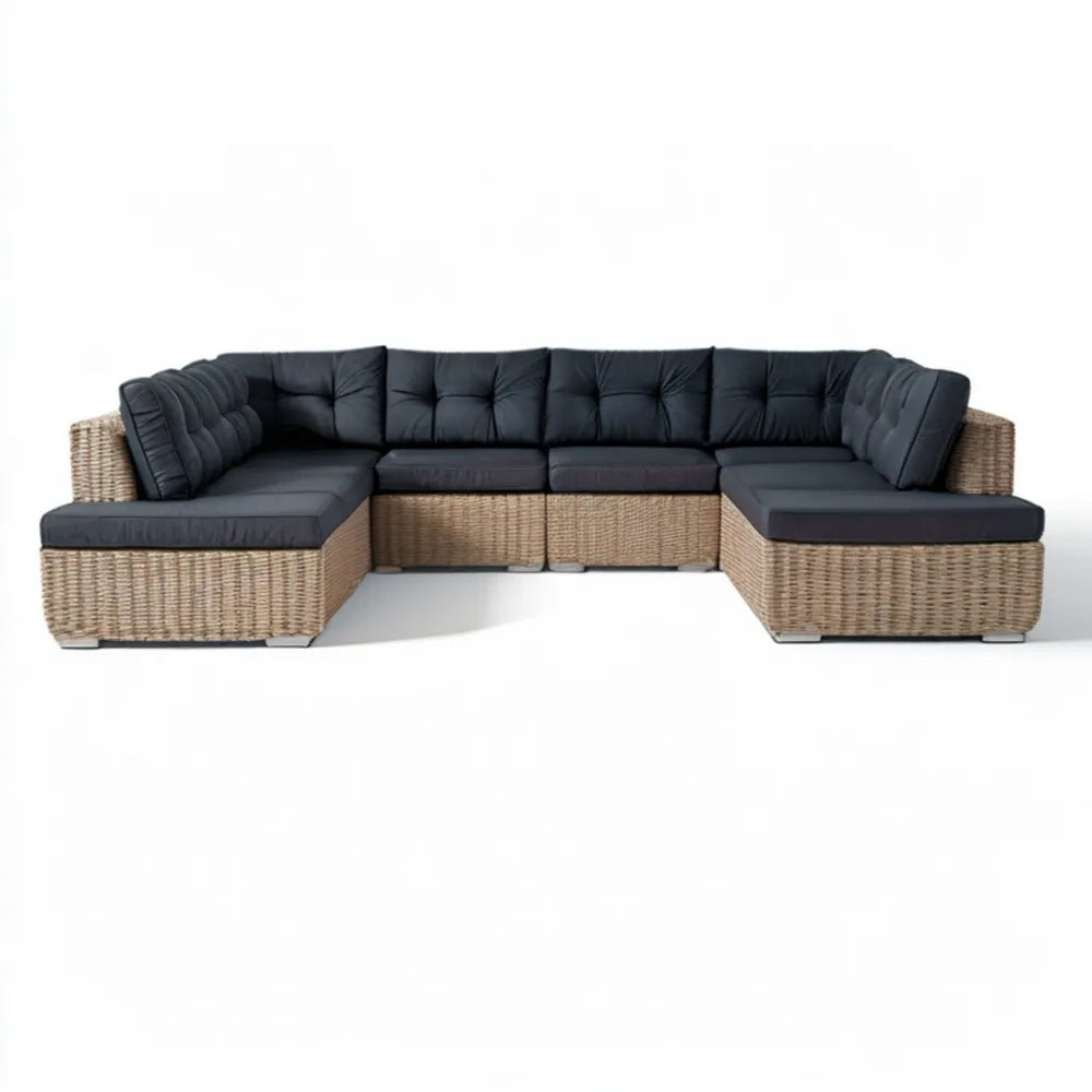 Modułowy narożnik ogrodowy w kształcie U z technorattanu PE, naturalny brąz/czarny, 320 × 220 × 70 cm
