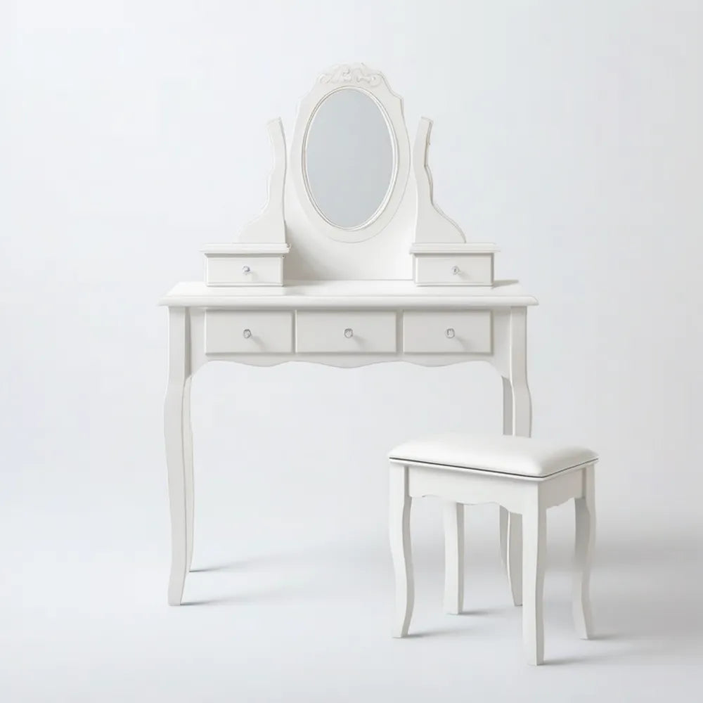 Biała toaletka z owalnym lustrem i taboretem MDF 80 × 40 × 140 cm