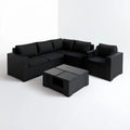 Czarny zestaw wypoczynkowy z technorattanu: sofa narożna, fotel i stolik ze szkłem, 220 × 140 cm