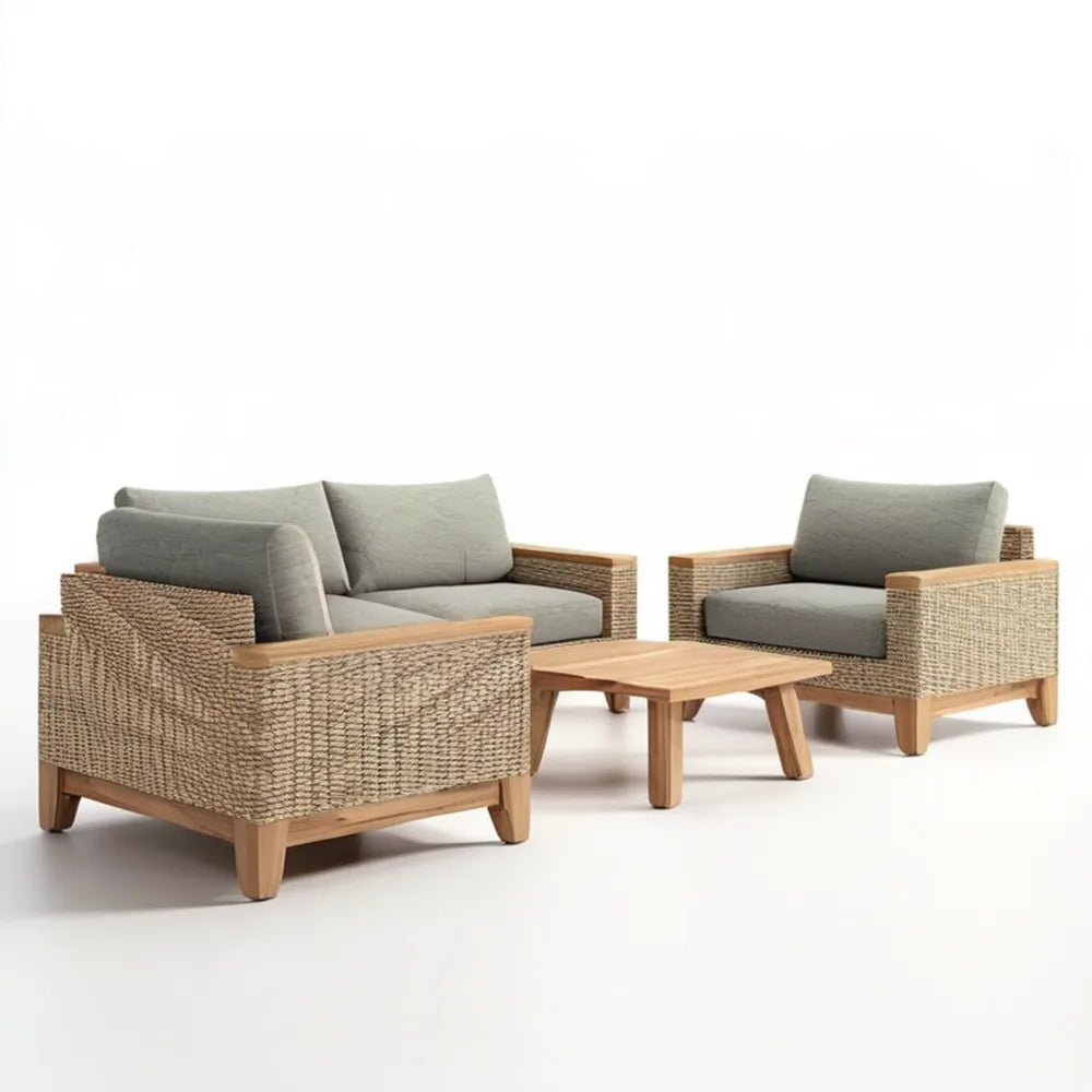 3-częściowy zestaw wypoczynkowy z drewna akacjowego i rattanu PE, naturalny/beżowy/szary, sofa 150 x 78 x 76 cm