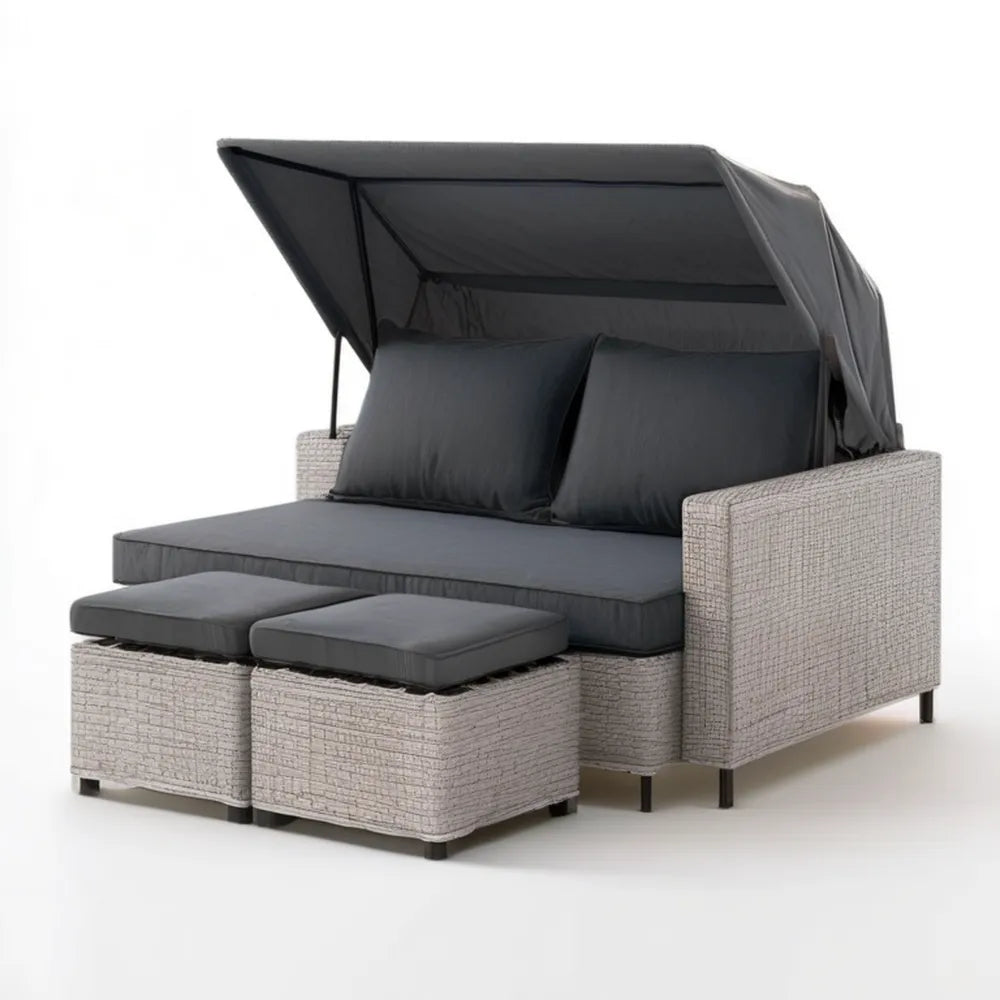 Dwuosobowa sofa ogrodowa z regulowanym daszkiem i 2 podnóżkami, technorattan PE, szara/antracytowa/czarna, 200 x 130 x 145 cm