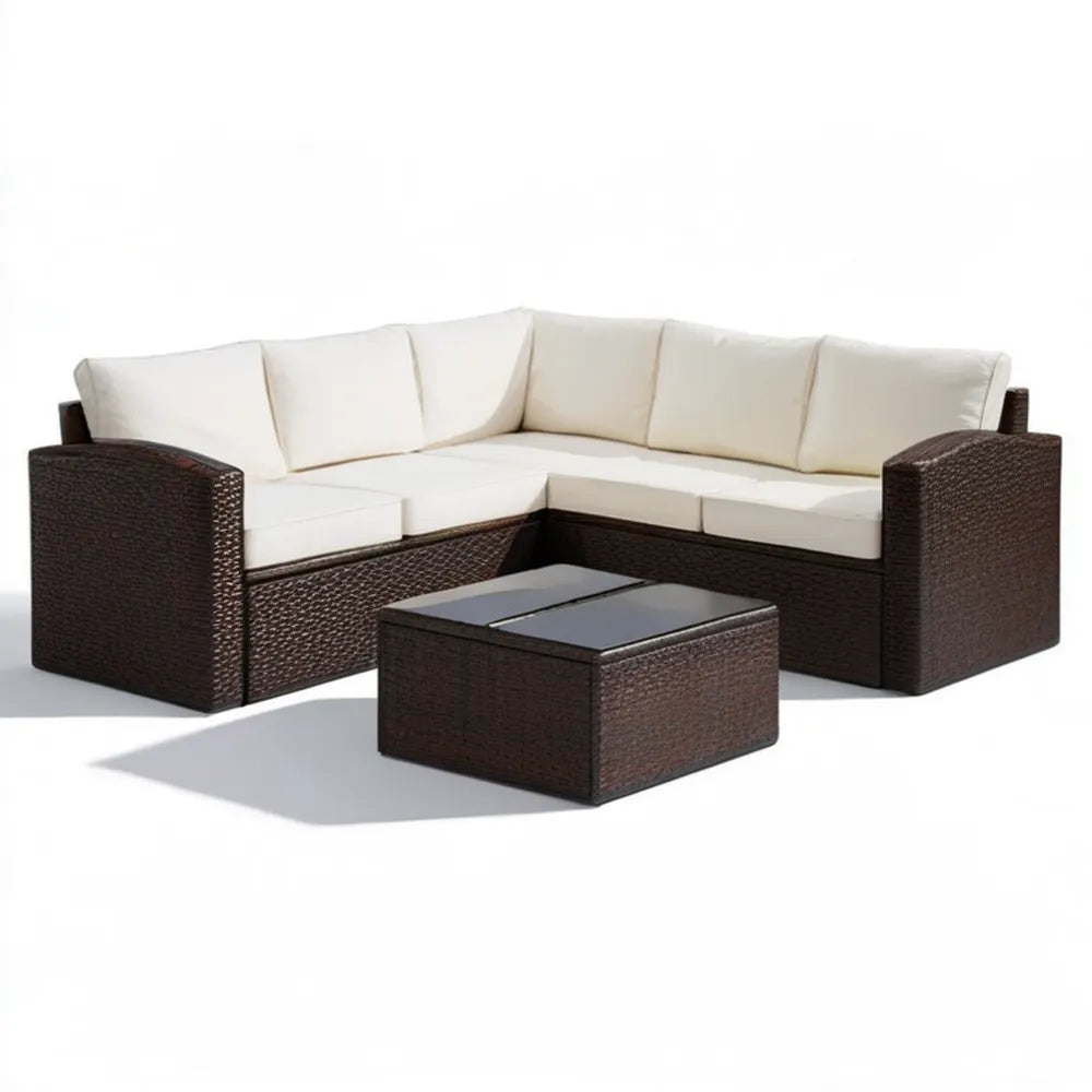 Narożna sofa ogrodowa z technorattanu PE ze stolikiem, ciemnobrązowa/kremowa/czarna, 210 × 210 × 75 × 65 cm
