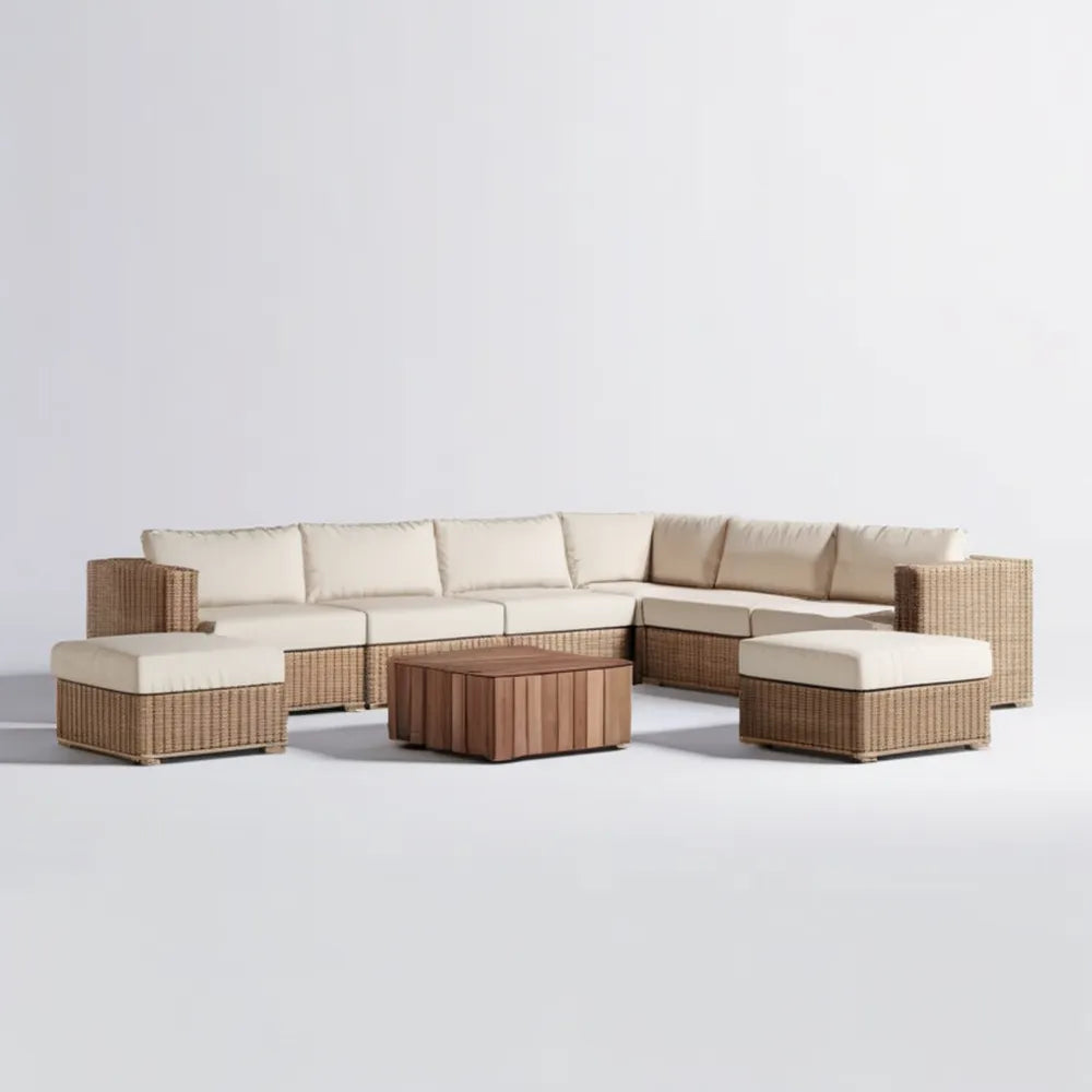Modułowy zestaw wypoczynkowy z plecionki PE 330 x 250 x 78 cm ze stolikiem i pufą, Beżowy/Kremowy/Brązowy